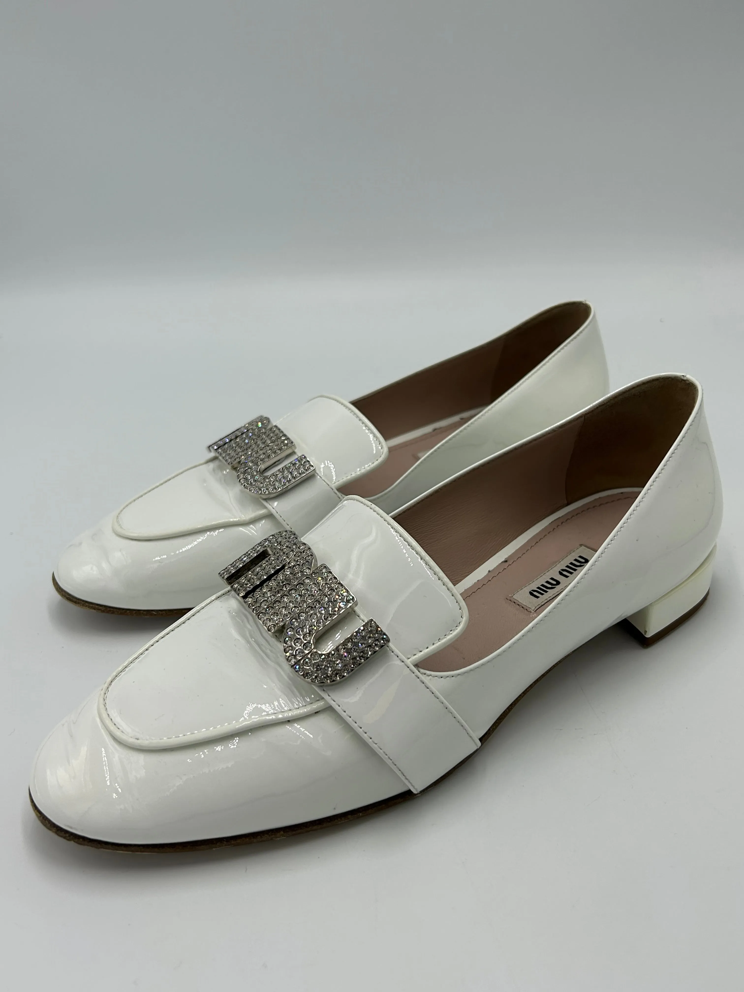 Miu Miu Crystal Luxury Loafers In White, Size: 8 (38)