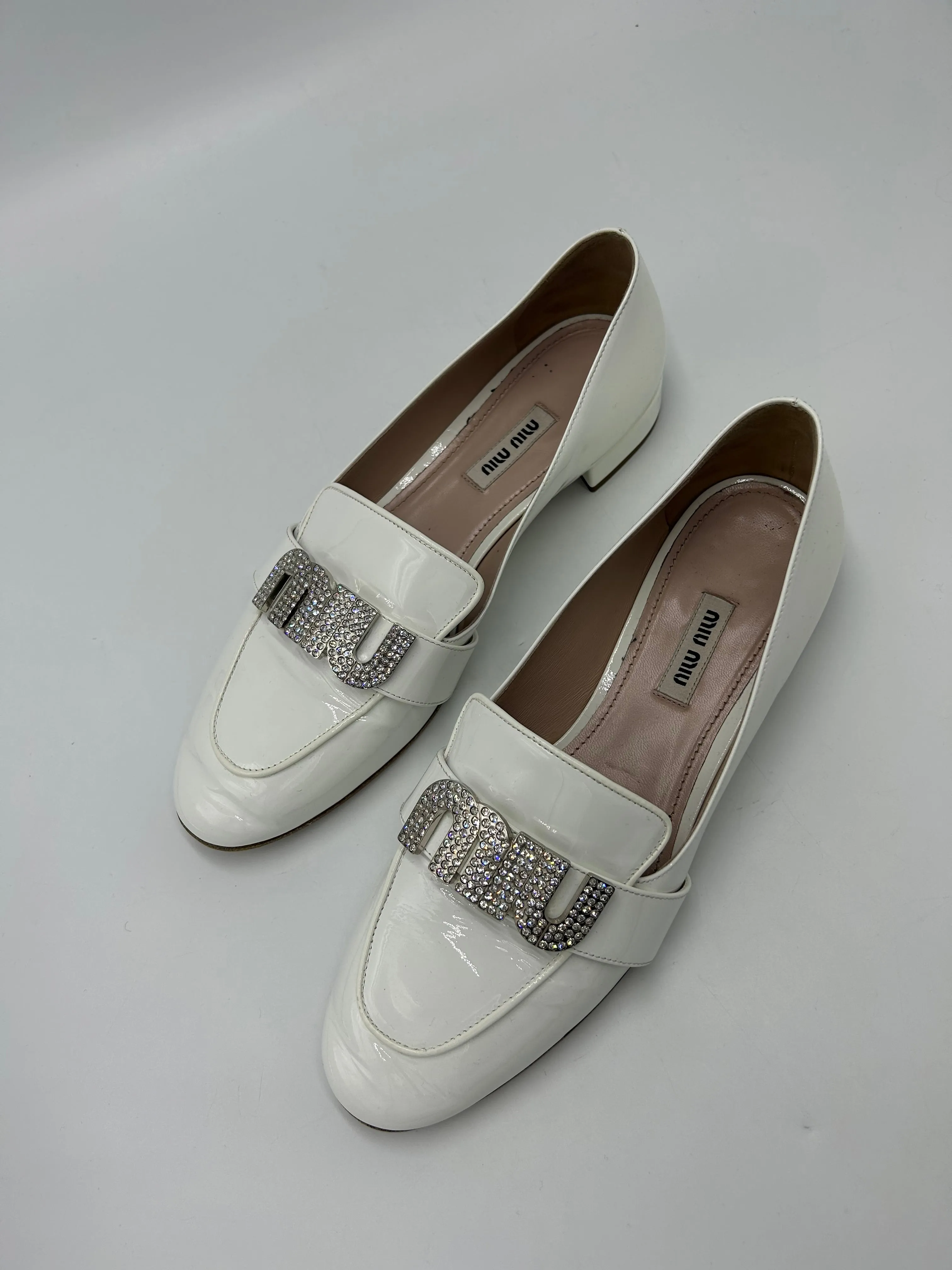 Miu Miu Crystal Luxury Loafers In White, Size: 8 (38)