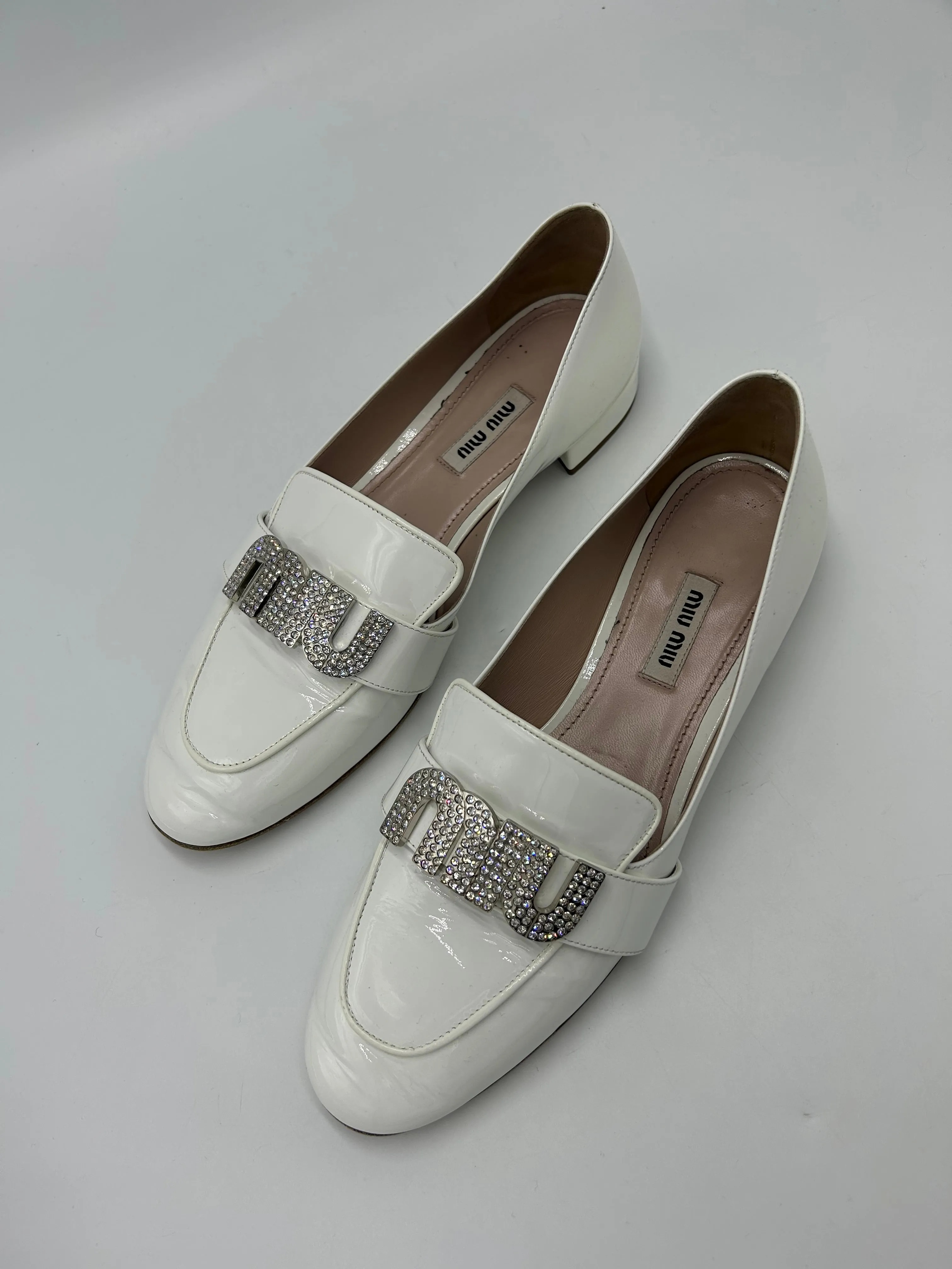 Miu Miu Crystal Luxury Loafers In White, Size: 8 (38)