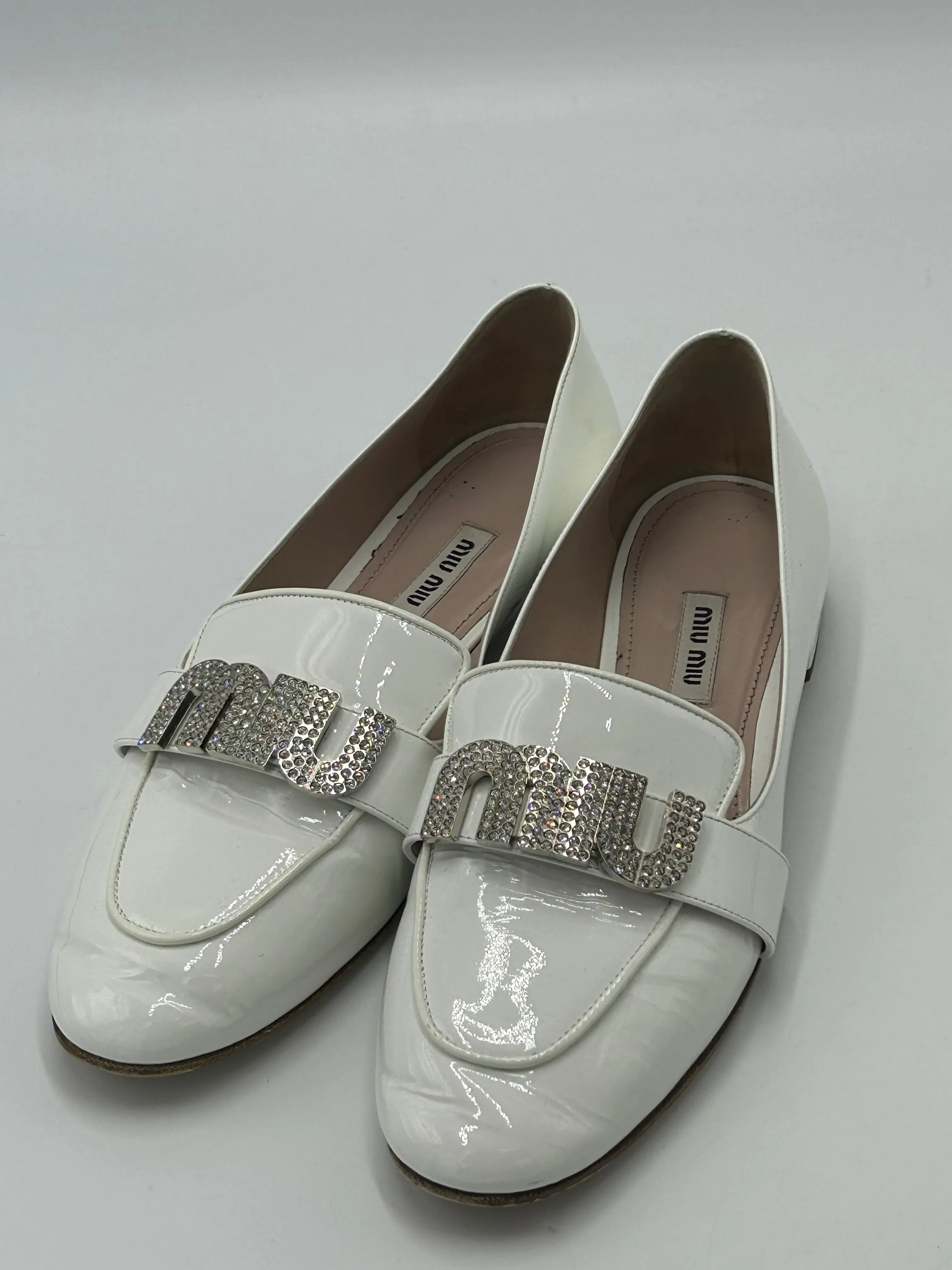 Miu Miu Crystal Luxury Loafers In White, Size: 8 (38)