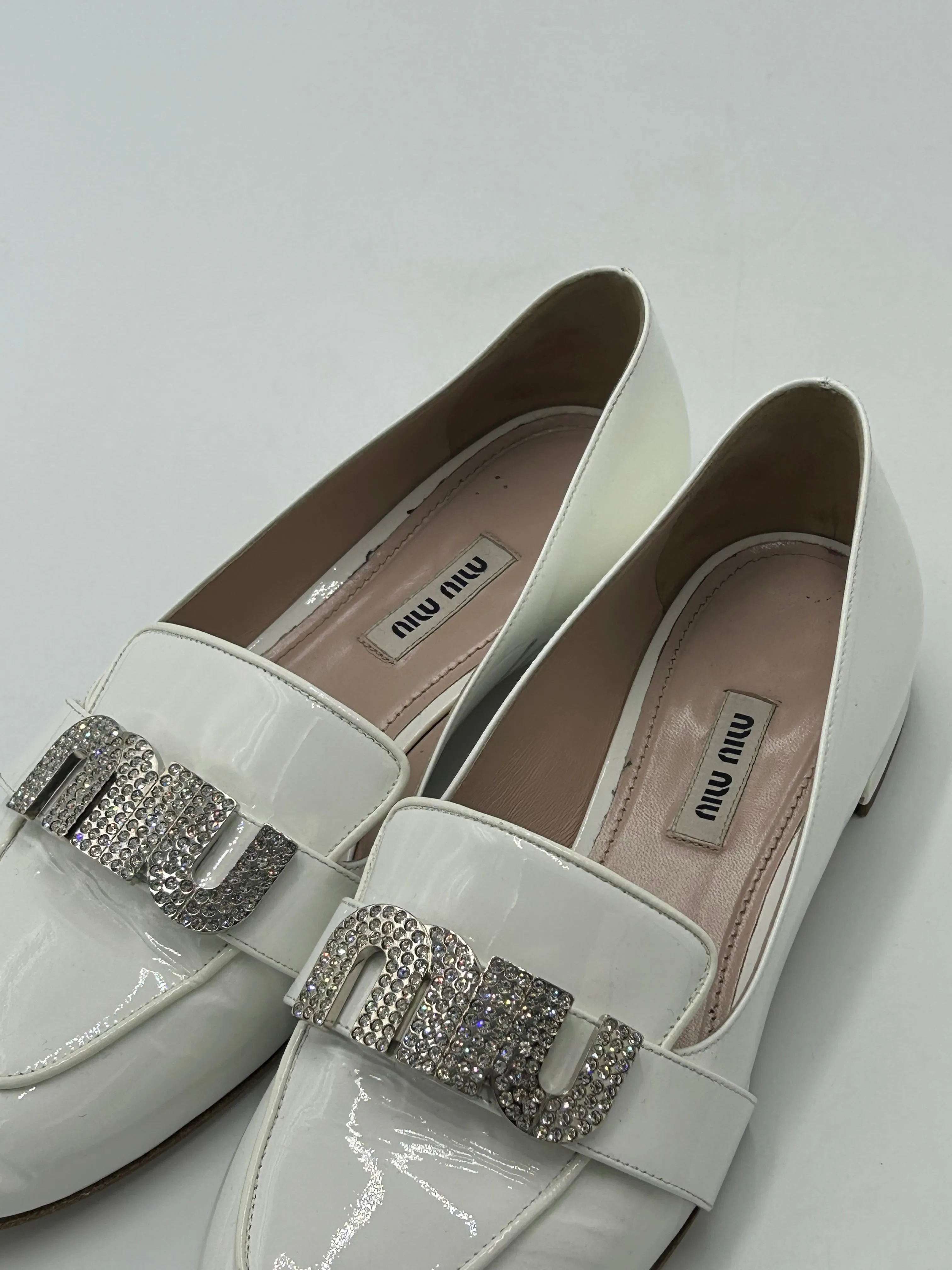 Miu Miu Crystal Luxury Loafers In White, Size: 8 (38)