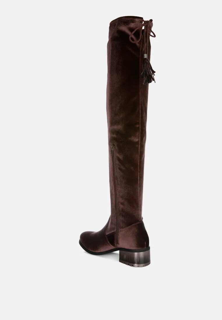 rumple velvet over the knee clear heel boots