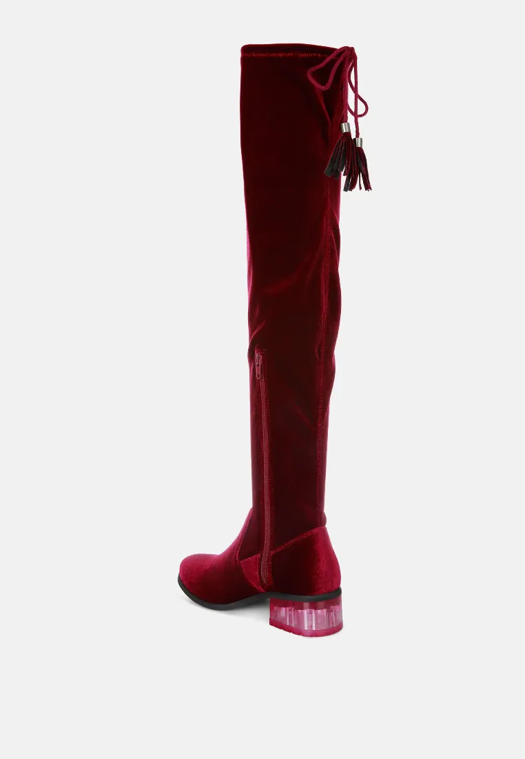 rumple velvet over the knee clear heel boots