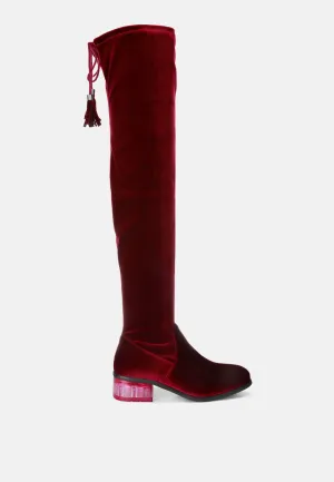 rumple velvet over the knee clear heel boots