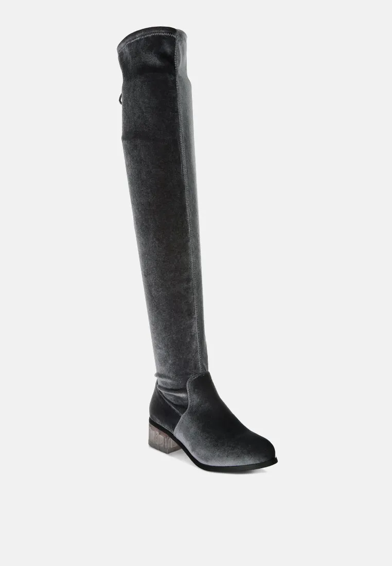 rumple velvet over the knee clear heel boots